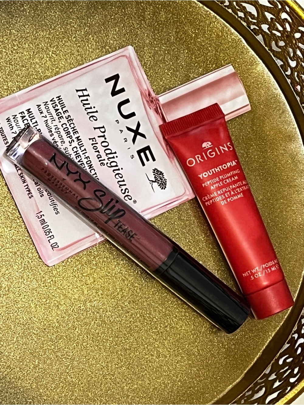 NYX Slip Tease STL008 Full Color Lip Oil & NUXE Dry Oil + ORIGINS Cream